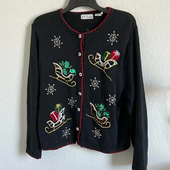 Vintage B.P. Design Beaded Embroidered Ugly Christmas Sleigh Cardigan Sweater - Picture 1 of 6